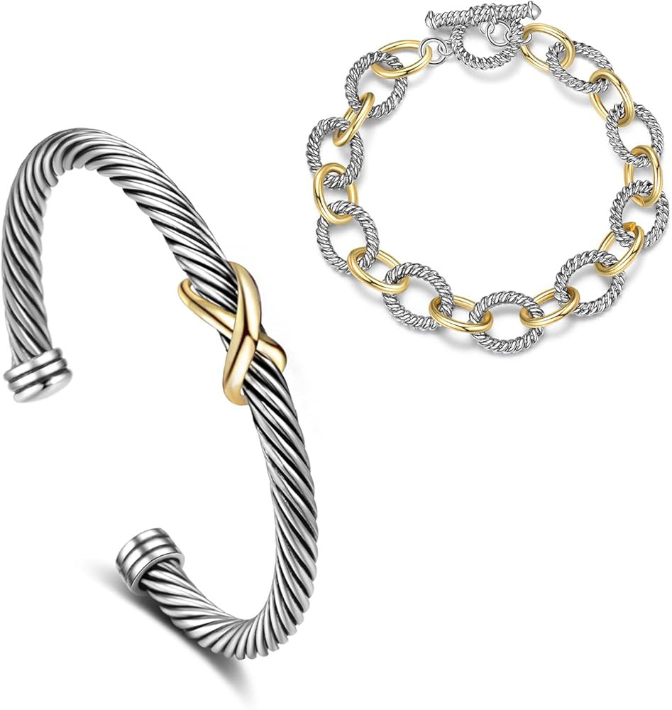 2PCS Twisted Cable Bracelet and Chain for Women Fashion Wire Cuff Bracelet Link Chain Adjustable ... | Amazon (US)