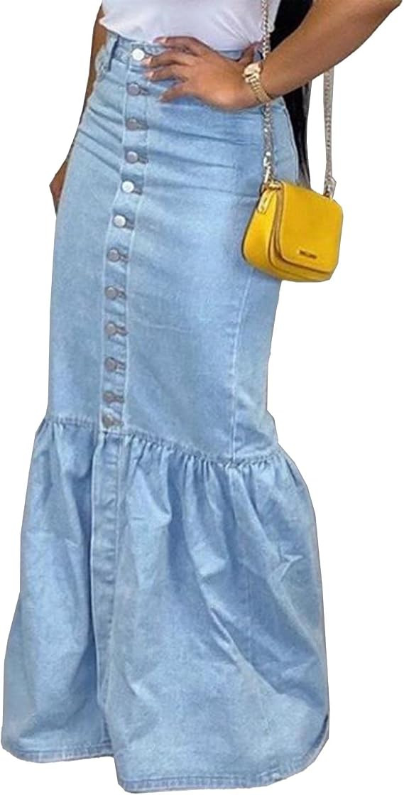 Women's Button Down Denim Ruffle Maxi Dress Packaged Hip Mermaid Elegant Long Fishtail Jeans Blue... | Amazon (US)