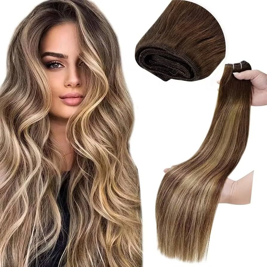 LaaVoo Weft Hair Extensions Human Hair Balayage Chocolate Brown Ombre Caramel Brown Hair Extensio... | Amazon (US)