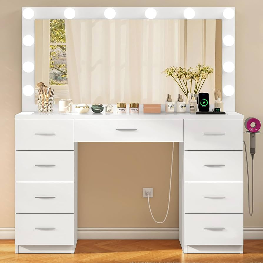 Quimoo Vanity Desk with Glass Top & Large Lights Mirror, 3 Adjustable Lighting Color, 46" Makeup ... | Amazon (US)