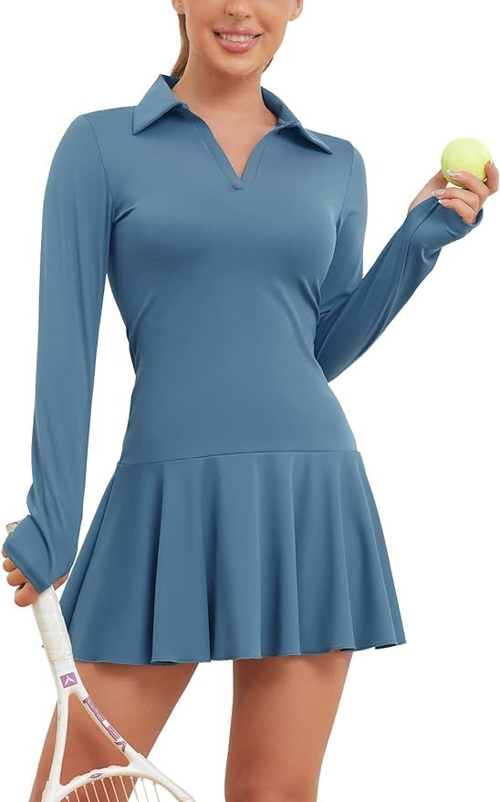 ECUPPER Women Long Sleeve Tennis Dress Polo Collared Workout Dress V Neck Athletic Golf Dresses w... | Amazon (US)