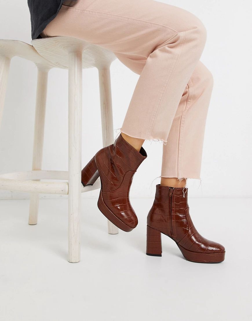 Mango moc croc platform boots in brown | ASOS (Global)