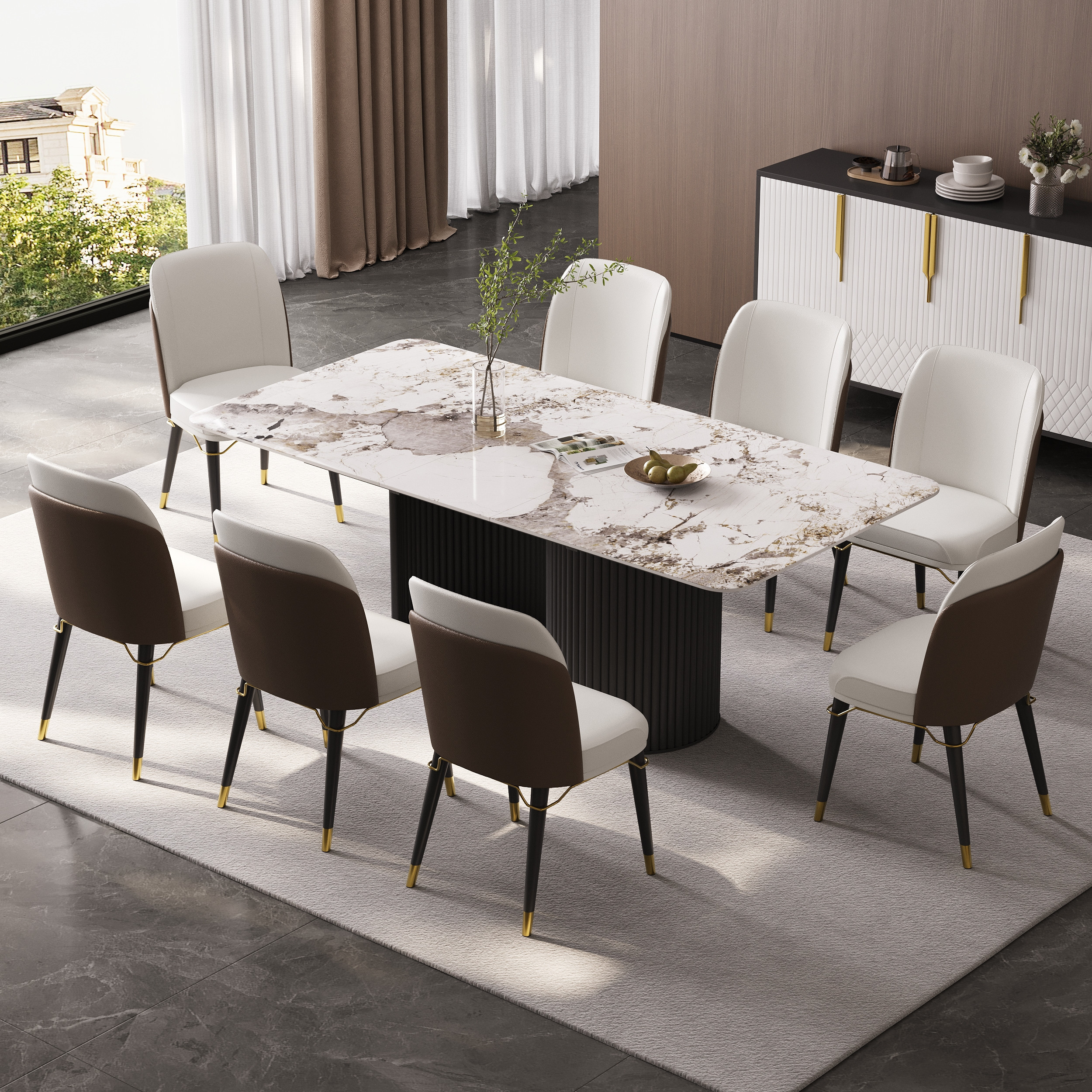 63"-79" Rectangle Dining Table Extendable Faux Marble Top for 6 People Modern | Homary