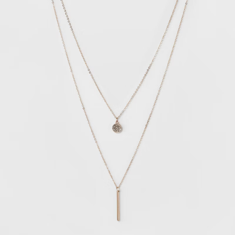 Pave Circle and Thin Bar Two Row Short Necklace - A New Day™ Rose Gold/Clear | Target