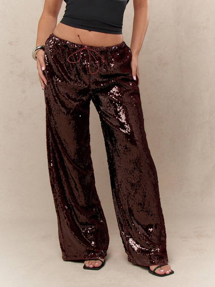 MISSGUIDED Low Rise Sequin Wide Leg Pants With Drawstrings Office Wear | SHEIN