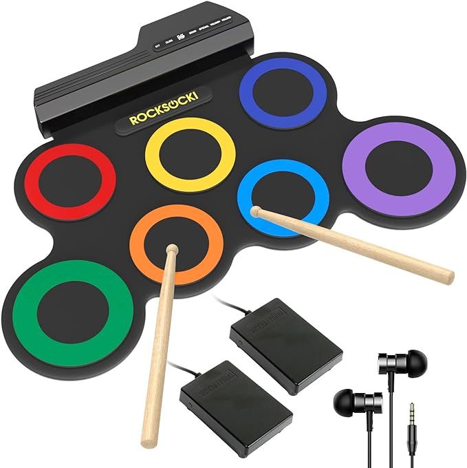 ROCKSOCKI Electronic Drum Sets, 7 Drum Practice Pad, Roll-up Machine With Sticks Foot Pedals, Gre... | Amazon (US)