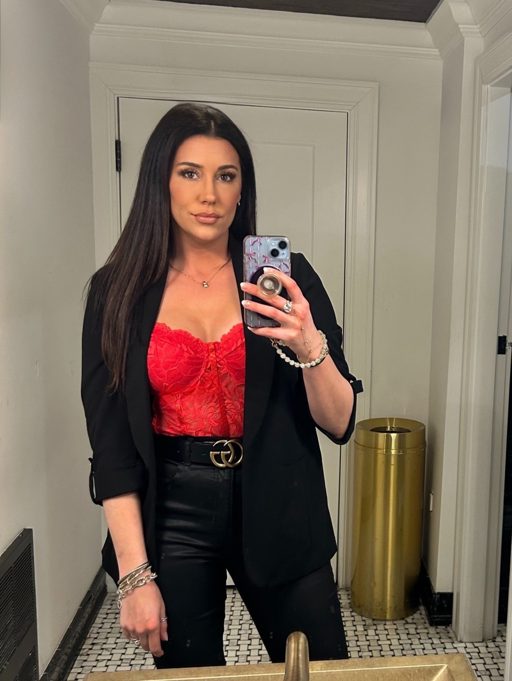 Current Obsession: Mixed textures. Combining a lace corset, sleek blazer, and leather trousers for the ultimate elevated look. Added some gold hardware with the belt and stacked bracelets to finish it off. 🥂

#LTKootd #LTKdayinmylife #LTKTall