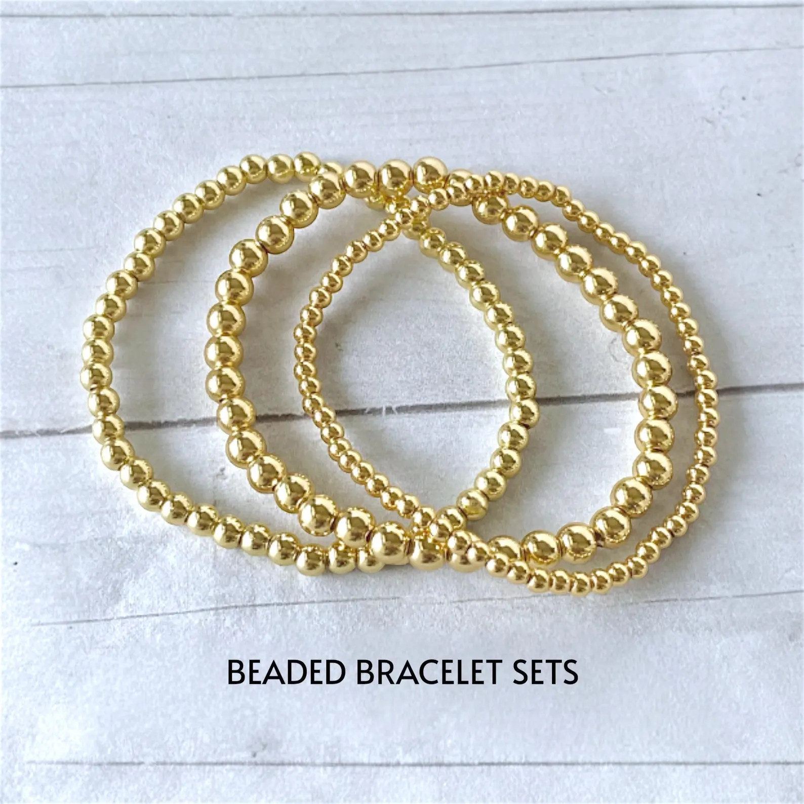 14K Gold Plated Beaded Bracelet Set: Stackable Stretch Jewelry - Etsy | Etsy (US)