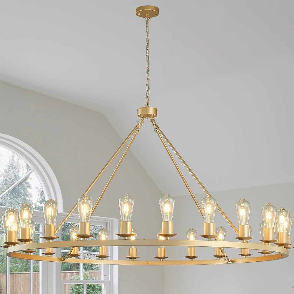 QJMPP Gold Wagon Wheel Chandelier 53-Inch 24-Light,Extra Large Circle Rustic Farmhouse Light Fixt... | Amazon (US)