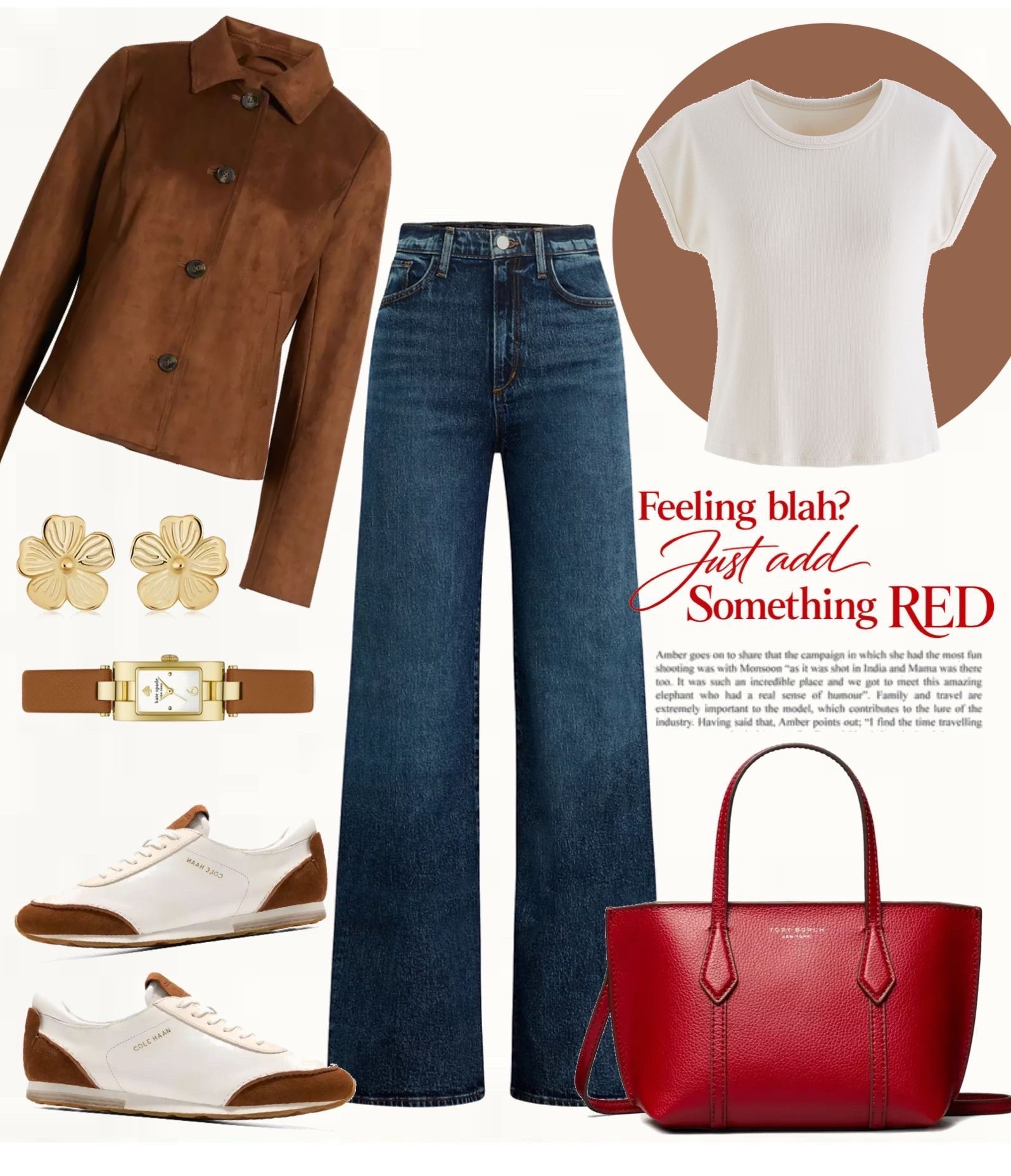 Brown suede jacket paired with a white tee and dark blue straight-leg jeans. Styled with white and tan sneakers, gold floral earrings, and a brown leather watch. Finished with a bold red tote bag for contrast.
#casualoutfit #everydaystyle #effortlesslook

#LTKSeasonal #LTKOver40 #LTKootd