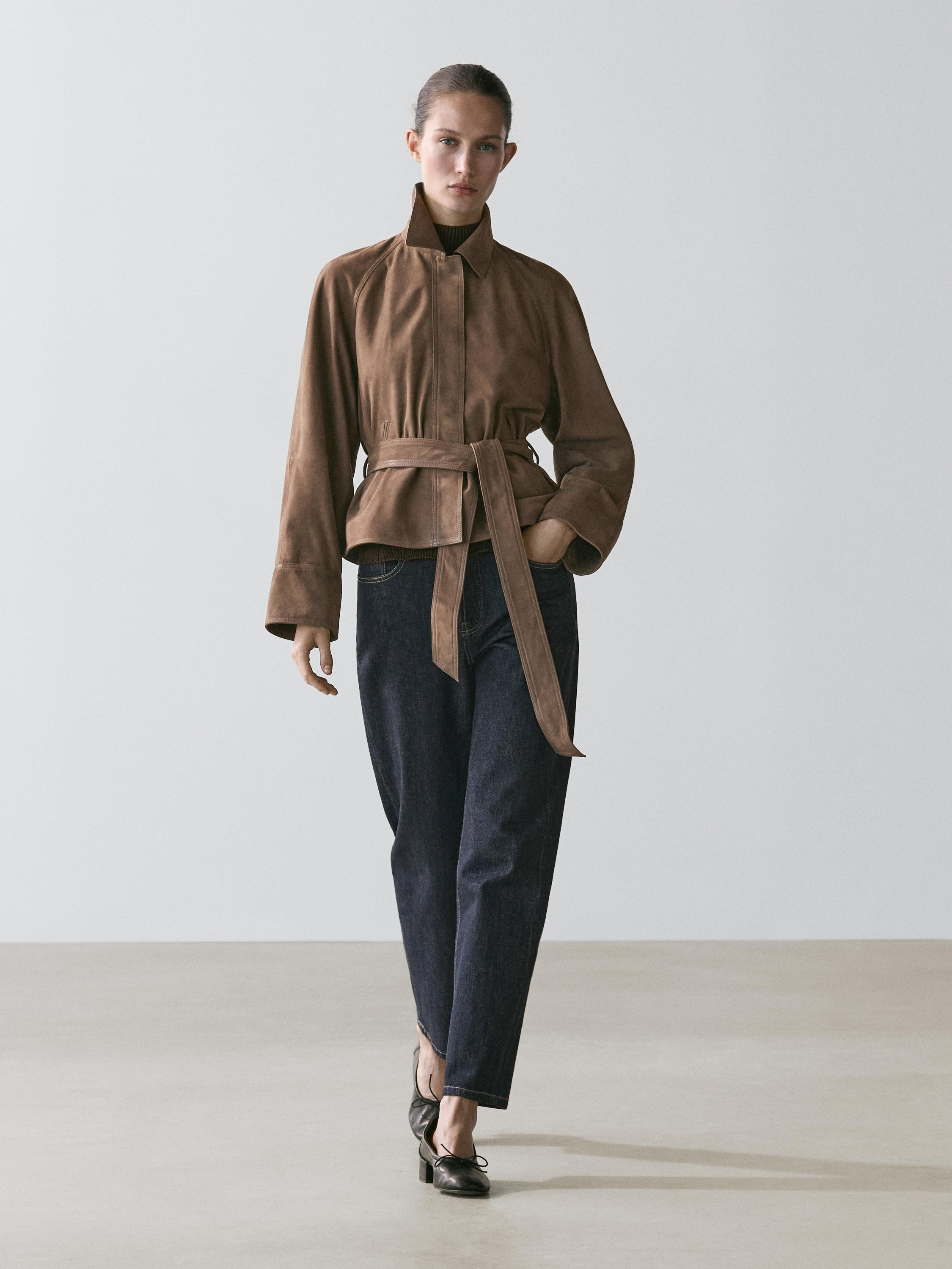 Suede leather jacket with belt | Massimo Dutti US