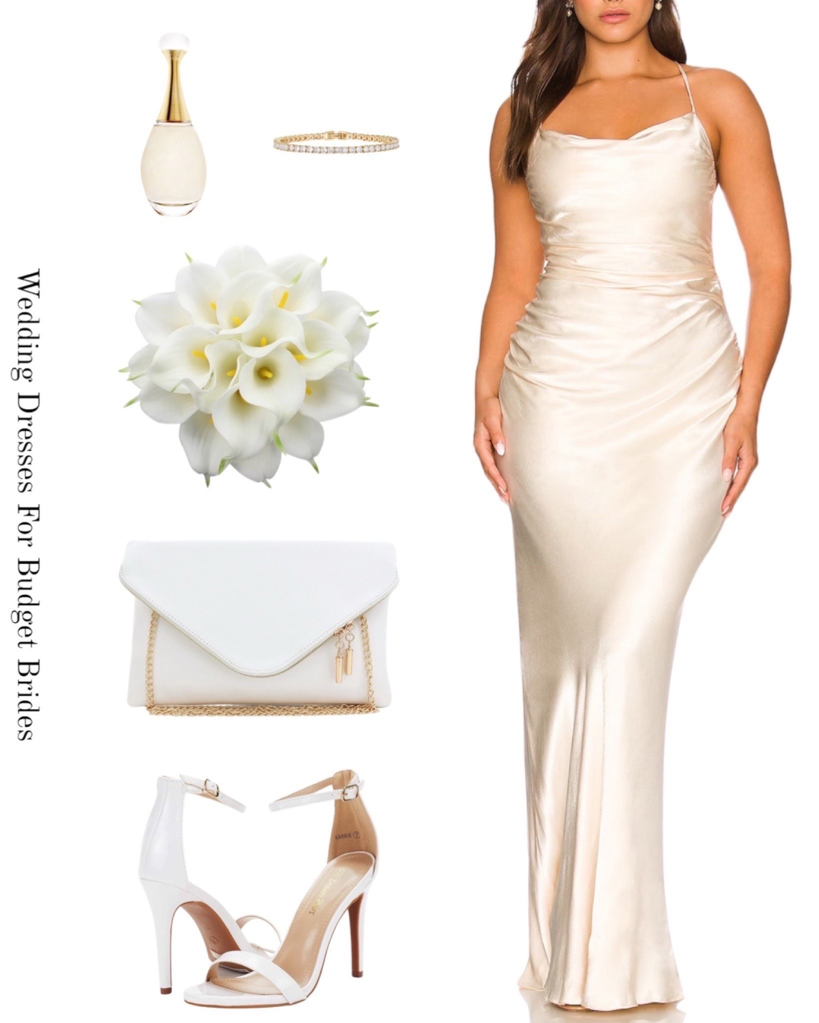 Feel beautiful in this wedding day outfit idea for the bride to be. From Revolve and Amazon. 

#longweddingdress #weddingshoes #revolvewhitedress #simpleweddinggowns #cityhallbride