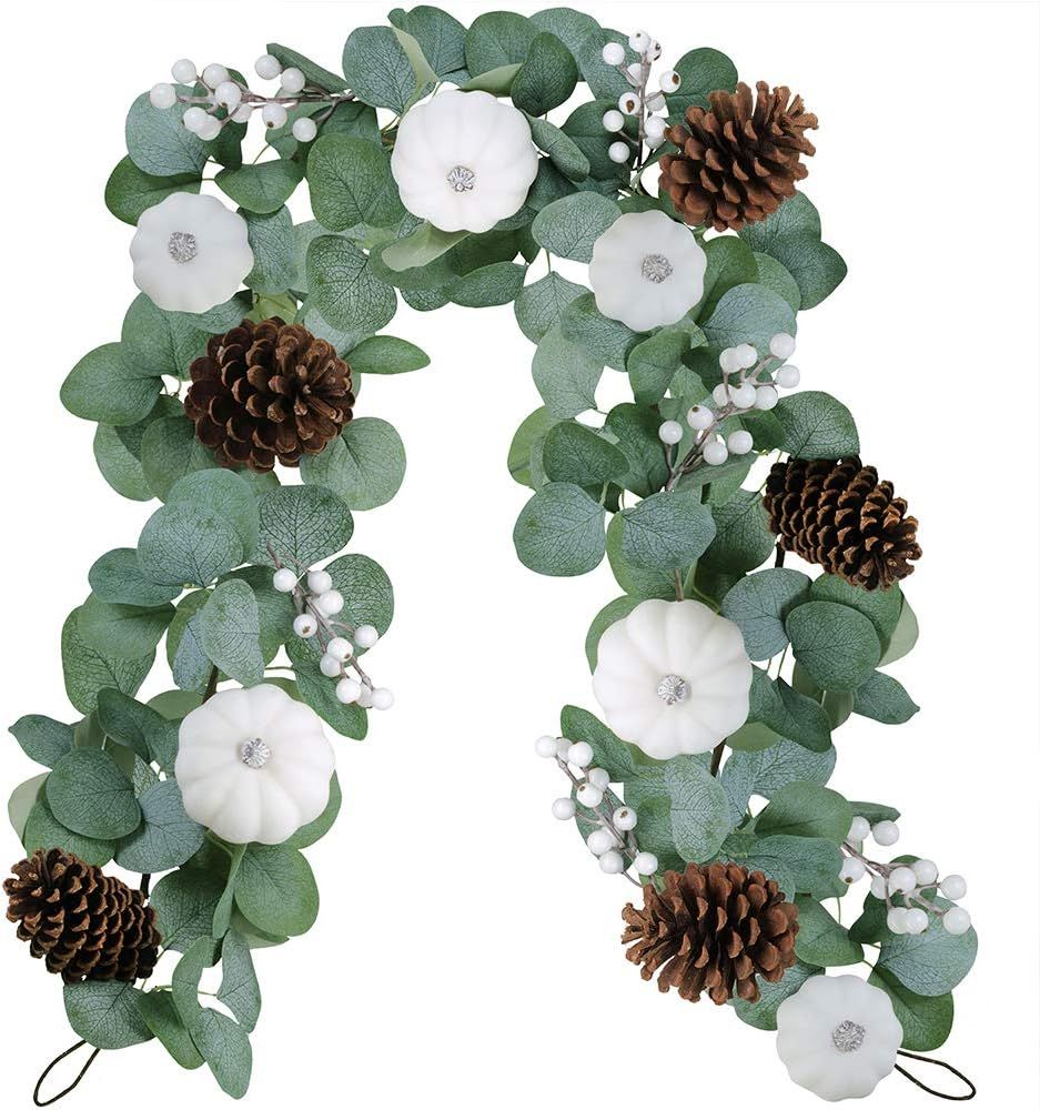 White Pumpkin Garland Artificial Eucalyptus Garland with White Pumpkins Pinecones Berries Fall Fo... | Amazon (US)