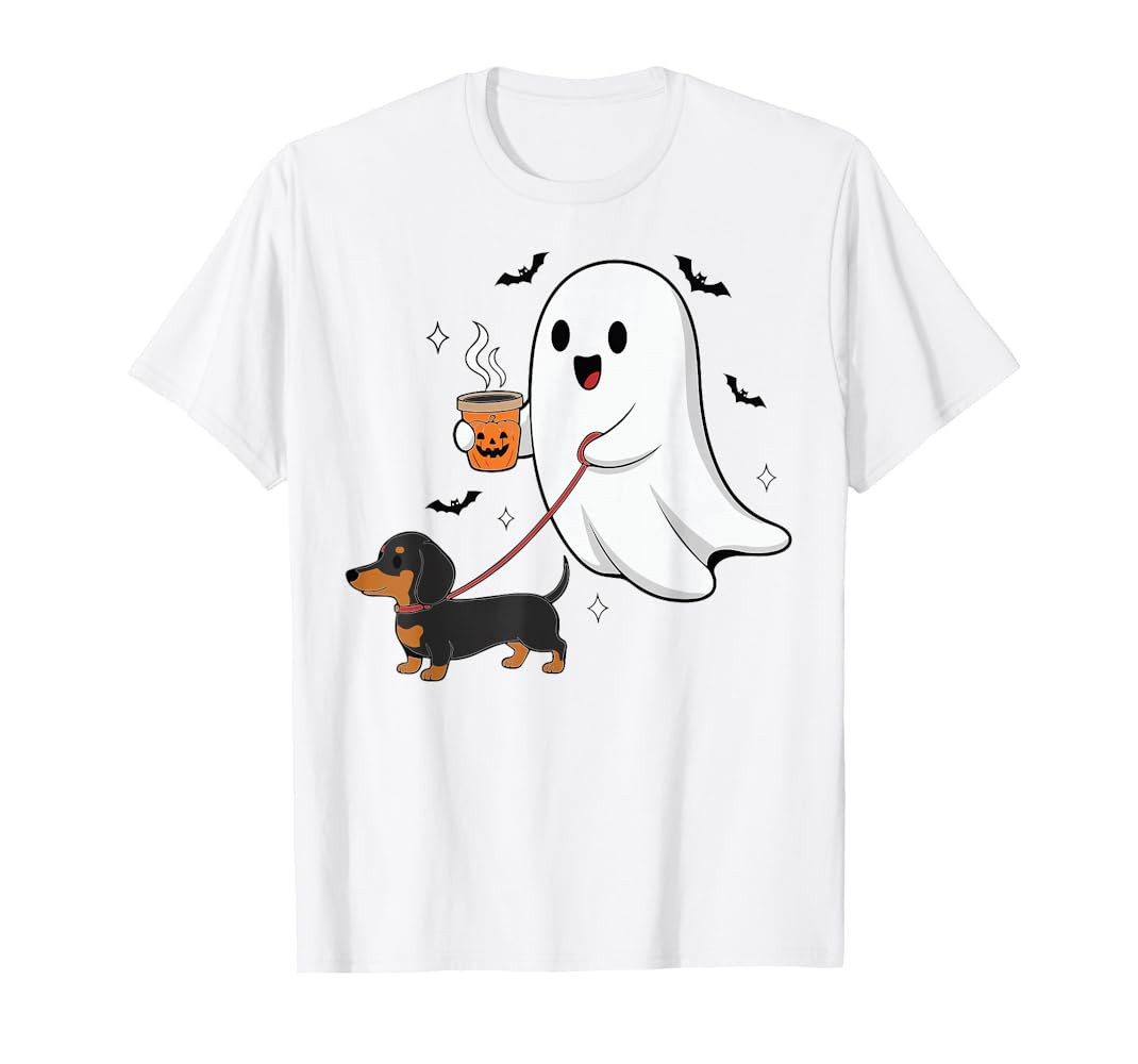 Cute Ghost Walking Dog Dachshund Coffee Halloween Costume T-Shirt | Amazon (US)