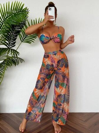 3pcs Tropical Print High Cut Bikini Swimsuit With Cover Up | SHEIN