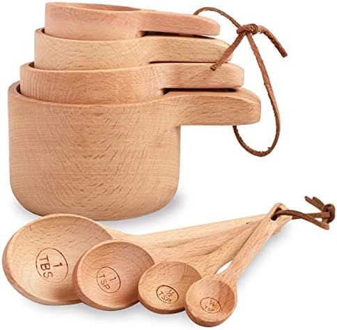Wood Measuring Cups and Spoons Set of 8, Handcrafted with Wood Polish Finish - Natural Wooden Mea... | Amazon (US)