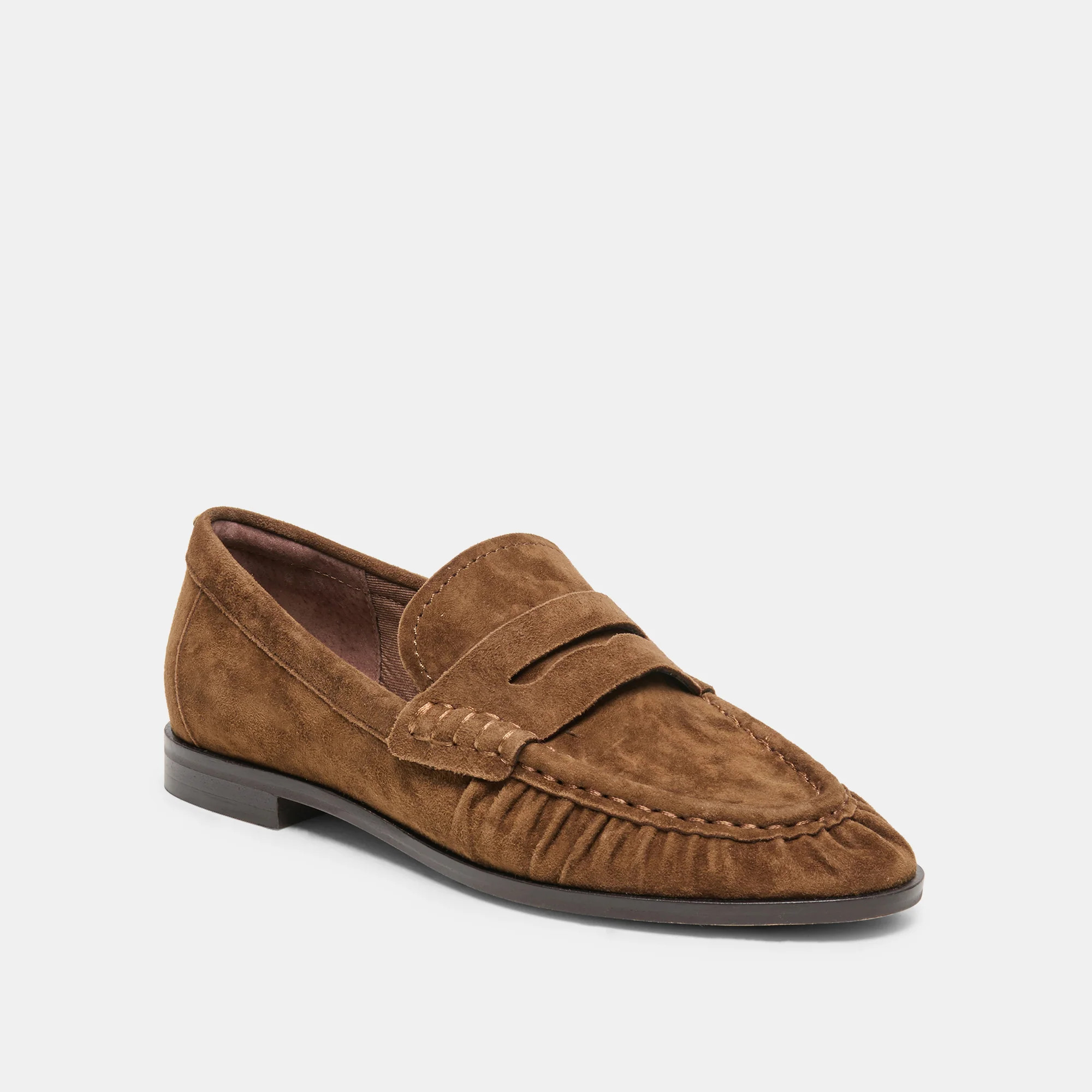 BAXEN Chestnut Suede Pointed-Toe Penny Loafers | Dolce Vita | DolceVita.com