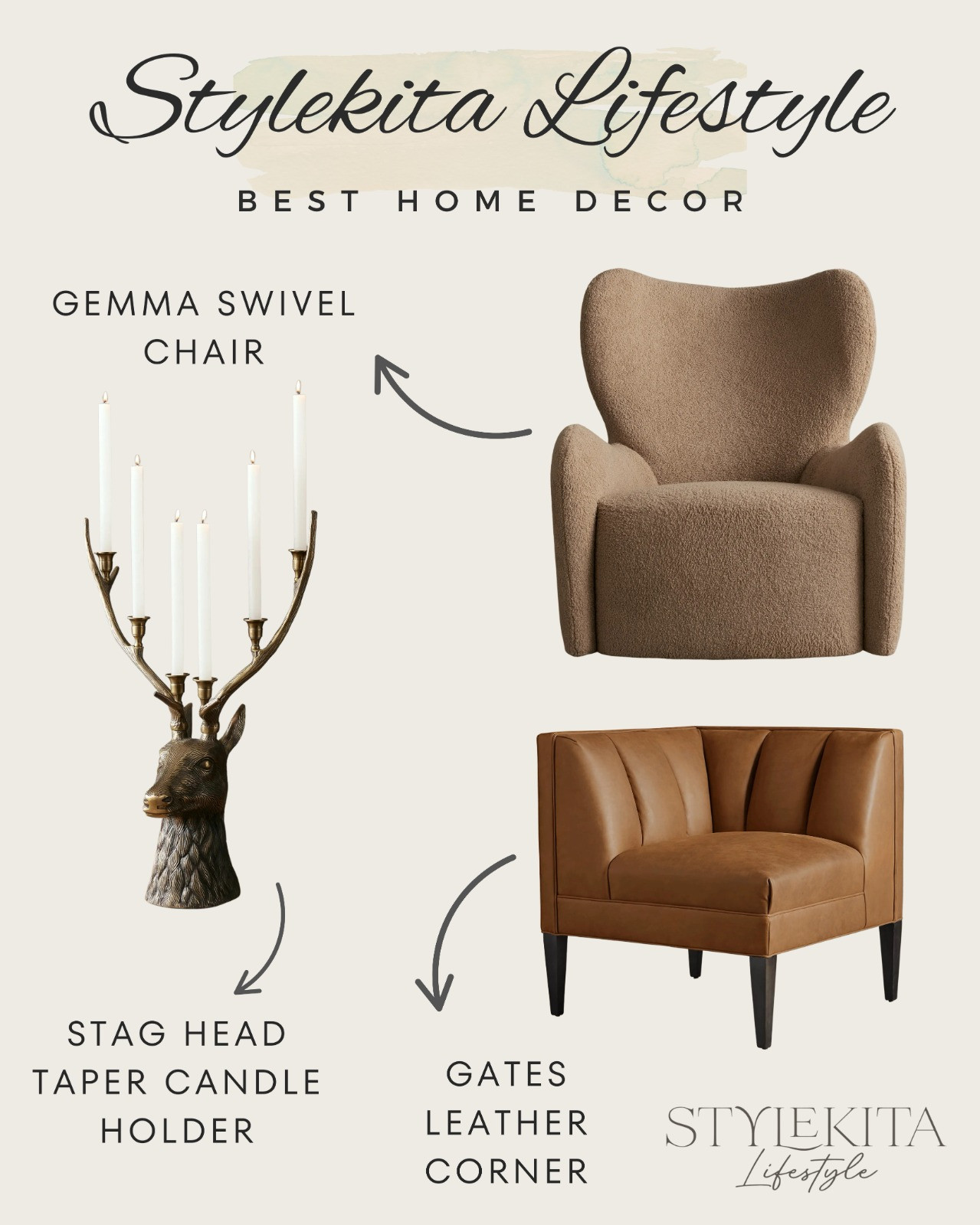 Loving this mix of textures! Shop the Gemma Swivel Chair, Gates Leather Corner, and a unique Stag Head Taper Candle Holder.

#homedesign #livingroomgoals #accentchair 

 #LTKCyberWeek #LTKHoliday #LTKHome