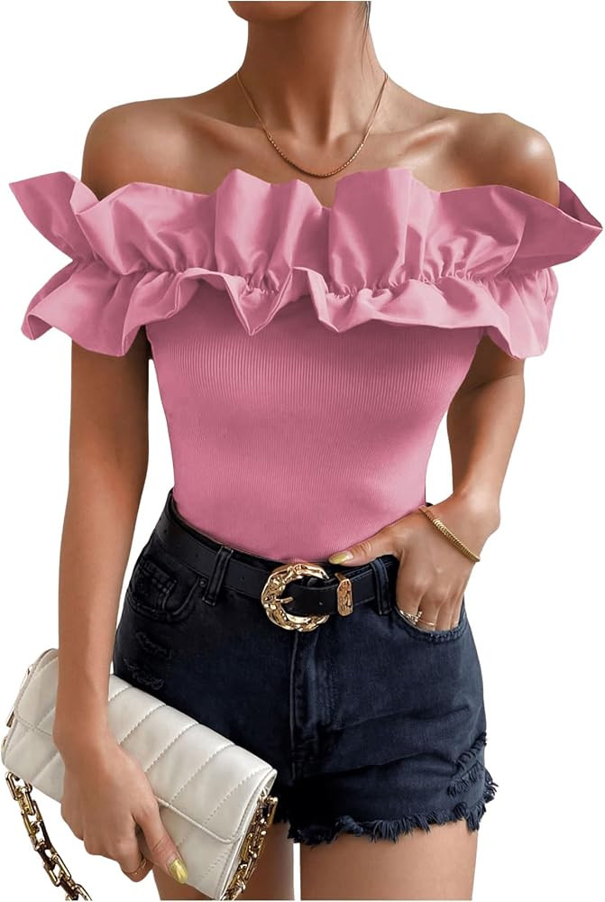 OYOANGLE Women's Ruffle Trim Off Shoulder Short Sleeve Blouse Tops Shirt     Summer, Going Out Da... | Amazon (US)