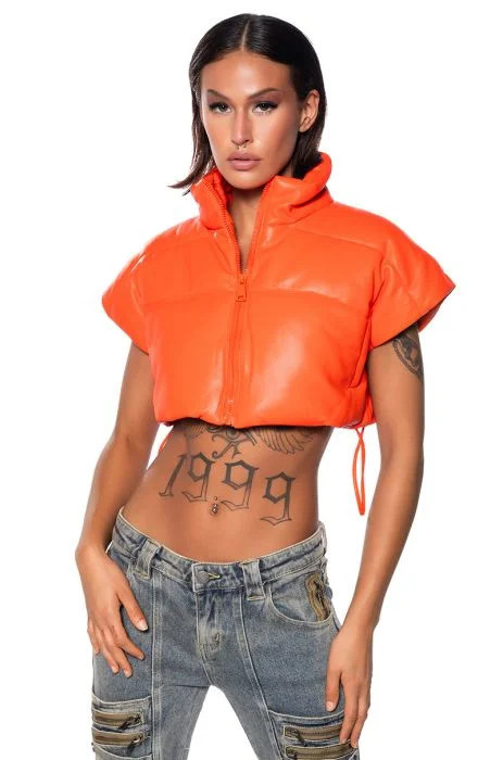 ULTRA CROP PU VEST WITH PULL STRINGS IN ORANGE | AKIRA