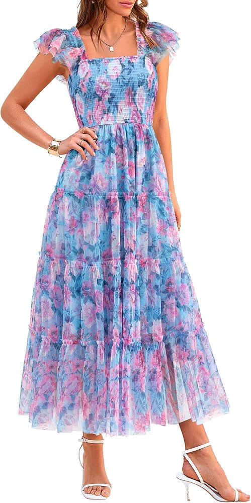 PRETTYGARDEN Women's Summer Tulle Midi Dress Sleeveless Smocked Ruffle Flowy Mesh Dresses Party W... | Amazon (US)