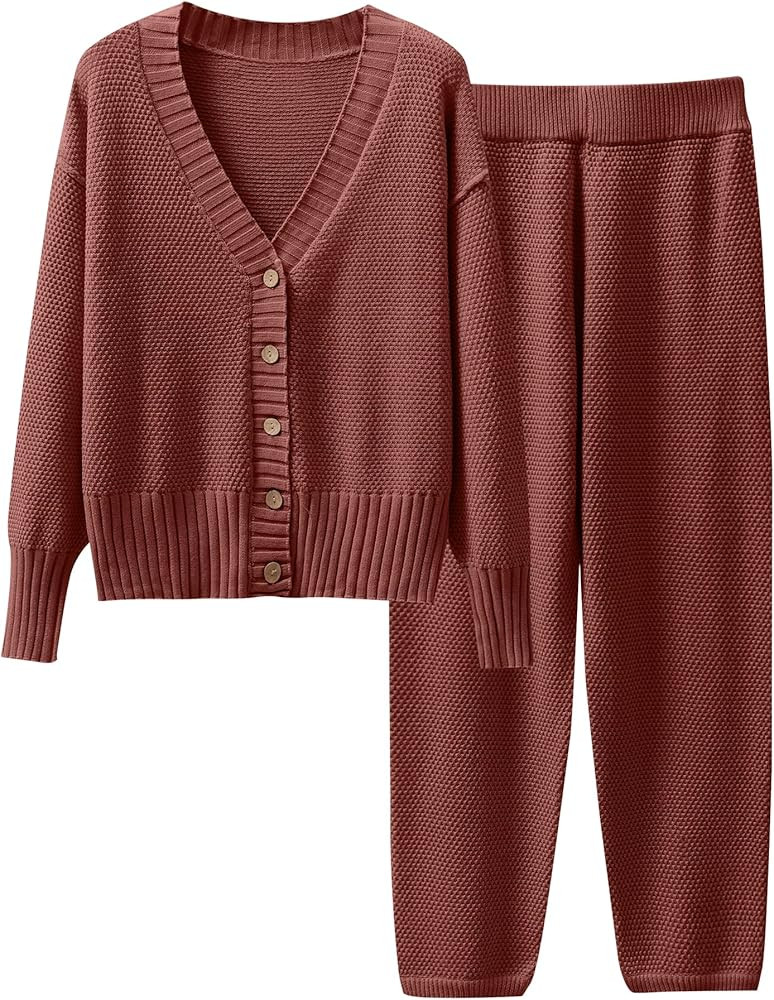Caracilia Womens 2 Piece Outfits Lounge Set V Neck Cardigan Sweater Pants Sets Knit Matching Loun... | Amazon (US)