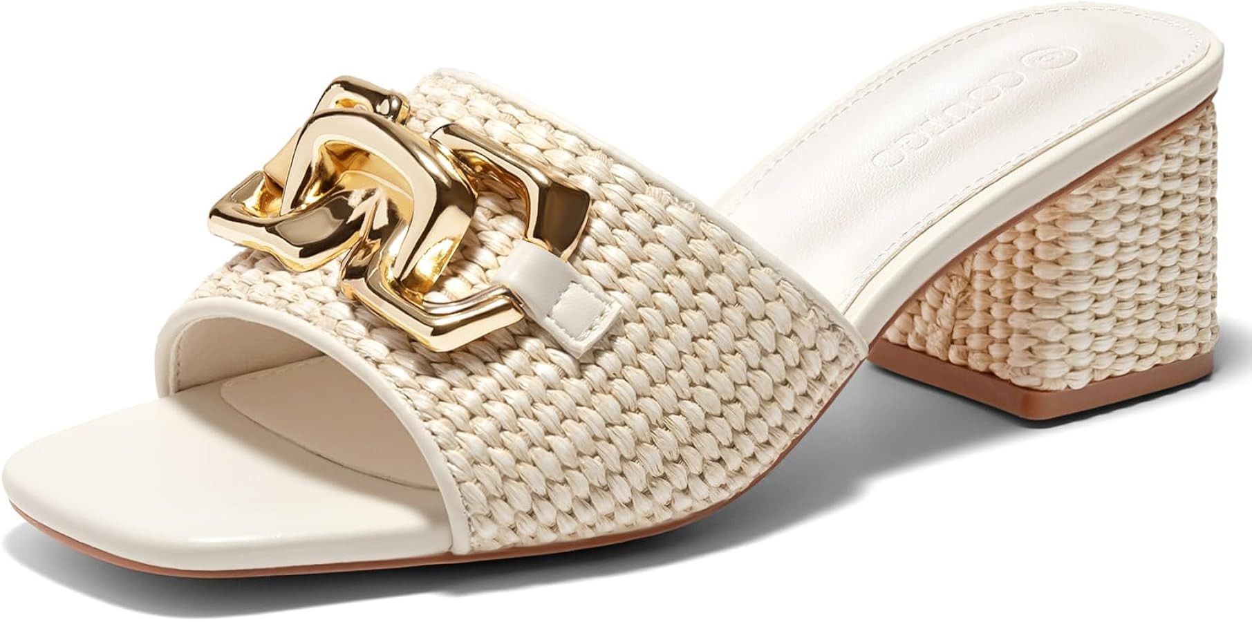 Coutgo Womens Raffia Slide Sandals Chunky Block Heeled Square Open Toe Metal Chain Slip on Mules ... | Amazon (US)