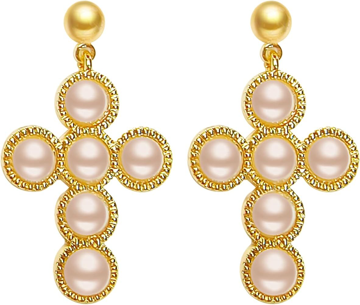 Cross Pearl Earrings - Lightweight Gold Plated Earrings with 6 Pearls - Religious Ornaments | Amazon (US)