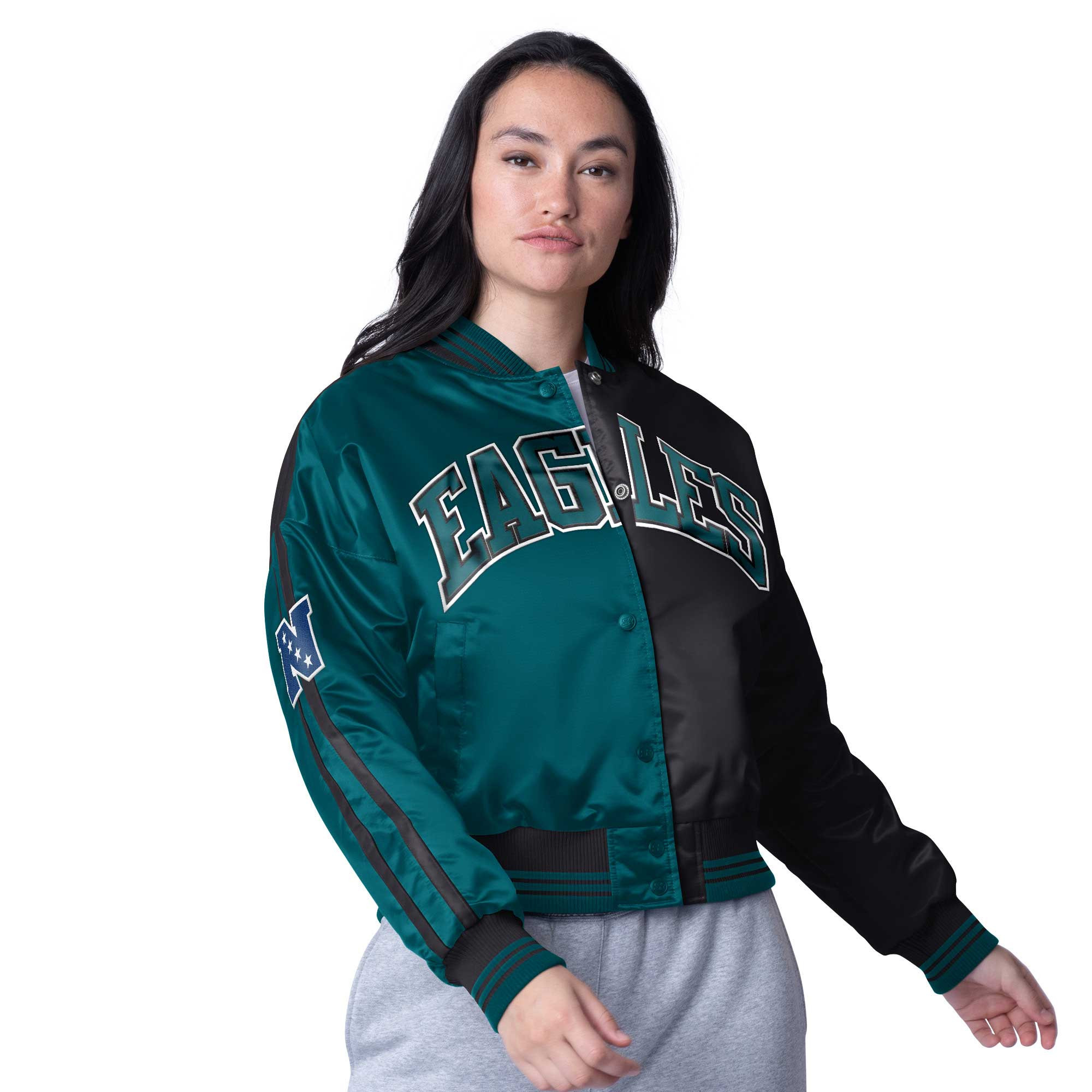 Women's Starter Midnight Green/Black Philadelphia Eagles Zone Blitz Cropped Full-Snap Satin Jacket | Fanatics