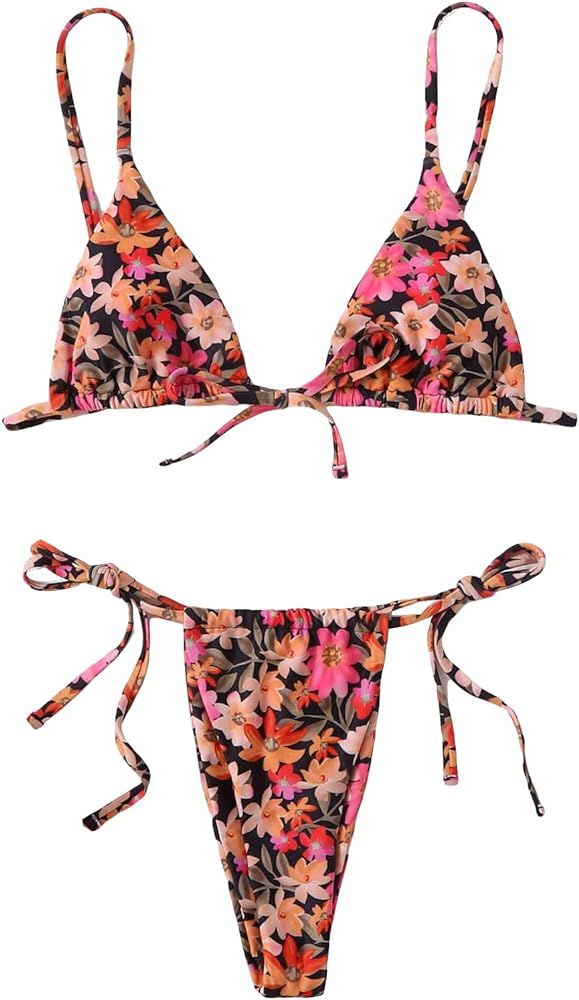 Cozyease Women's 2 Piece Floral Bikini Sets Smocked Drawstring Side Triangle Halter Sexy Cute Swi... | Amazon (US)