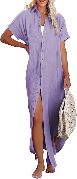 Herseas Womens Casual Short Sleeve Button Down Dress Side Split Long Kimonos Cardigans Swimsuit C... | Amazon (US)