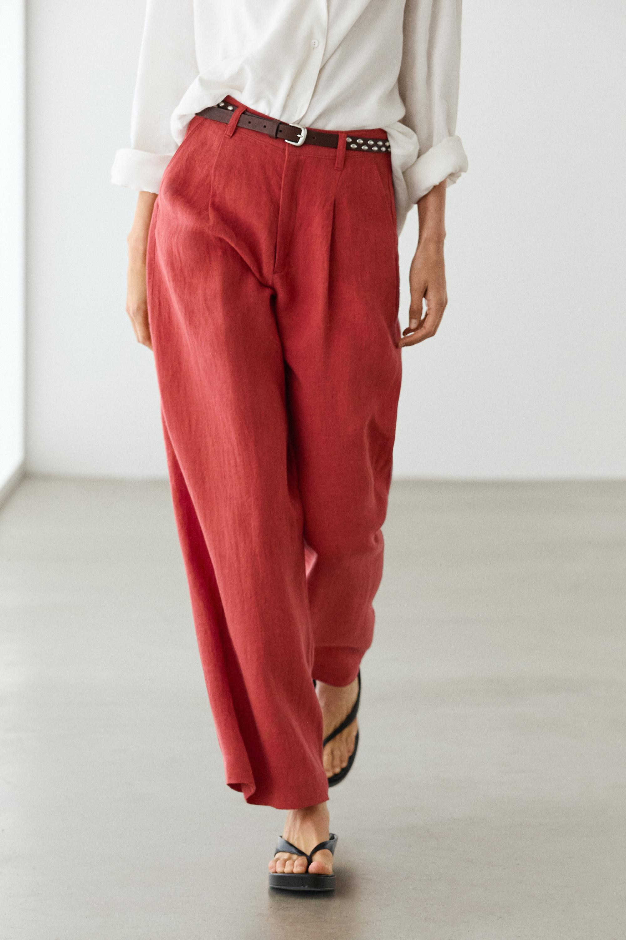 Loose fit high-waist linen trousers | Massimo Dutti UK