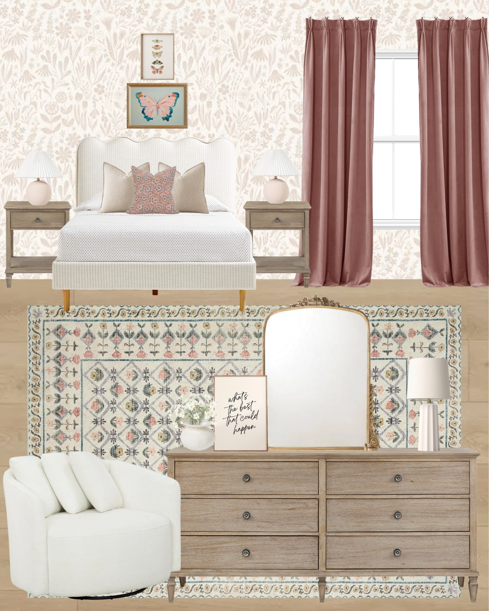 Girls room, teen girls room, girls bedroom, floral rug, floral wallpaper, big girl bedroom, scallop bed, dresser, nightstand, accent chair

#LTKKids #LTKFamily #LTKHome