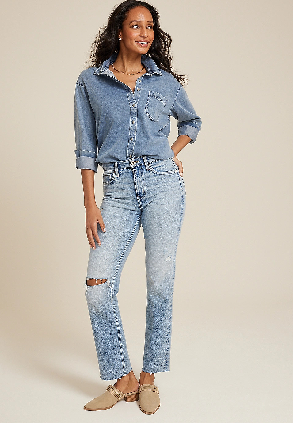 edgely™ High Rise Ripped Cheeky Relaxed Straight Jean | Maurices