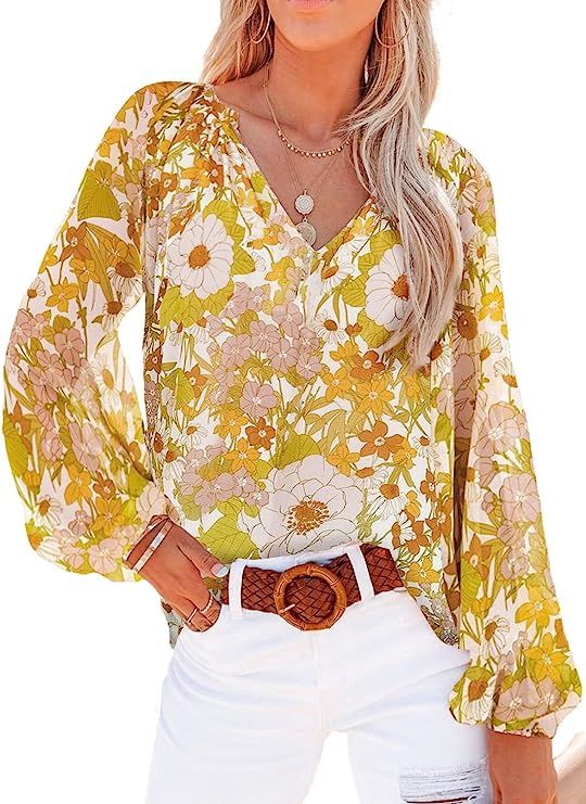 SHEWIN Womens Casual Boho Floral Print V Neck Long Sleeve Loose Blouses Shirts Tops | Amazon (US)