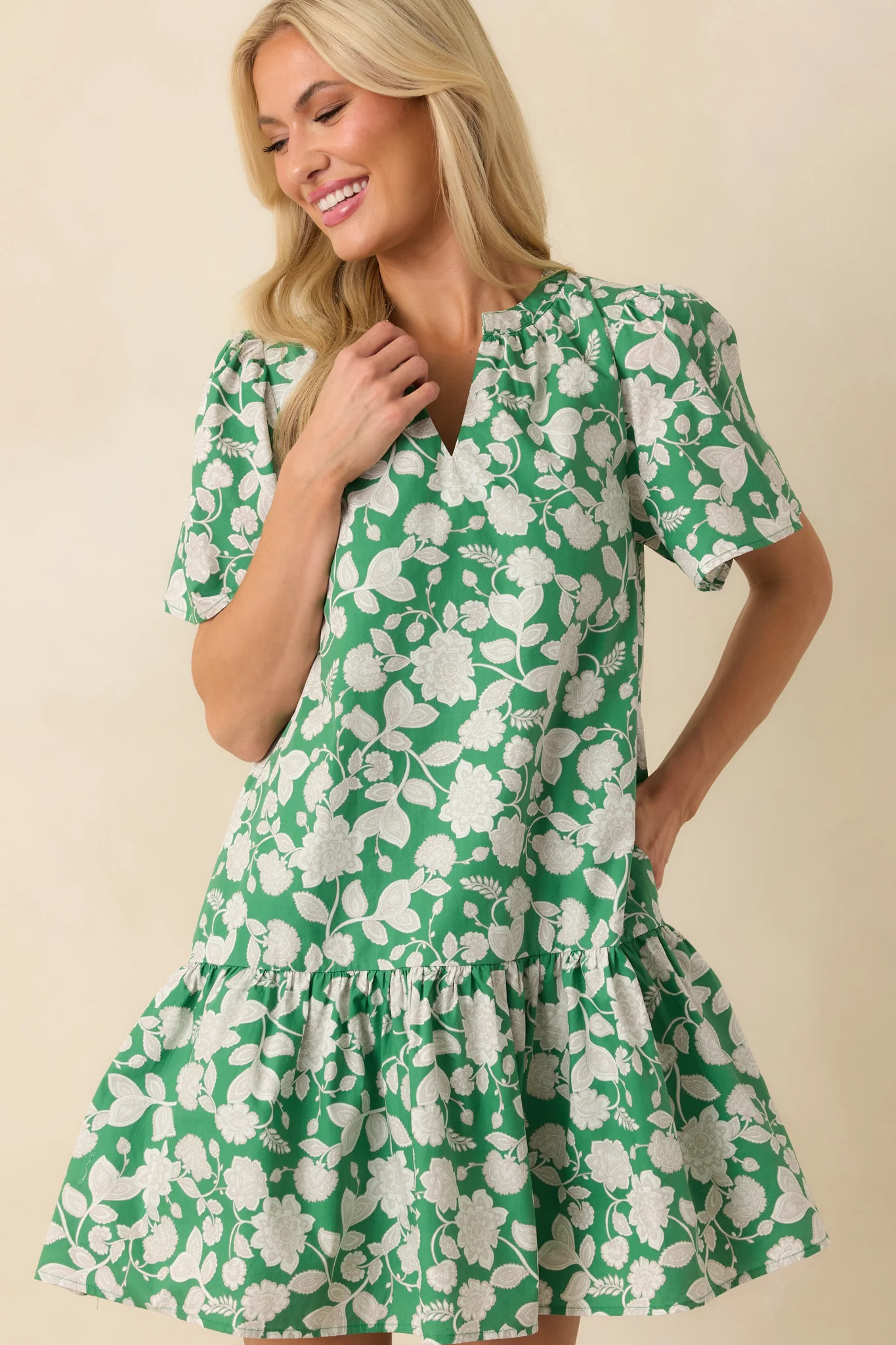 Where It All Begins Green Floral Print Cotton Mini Dress | Red Dress