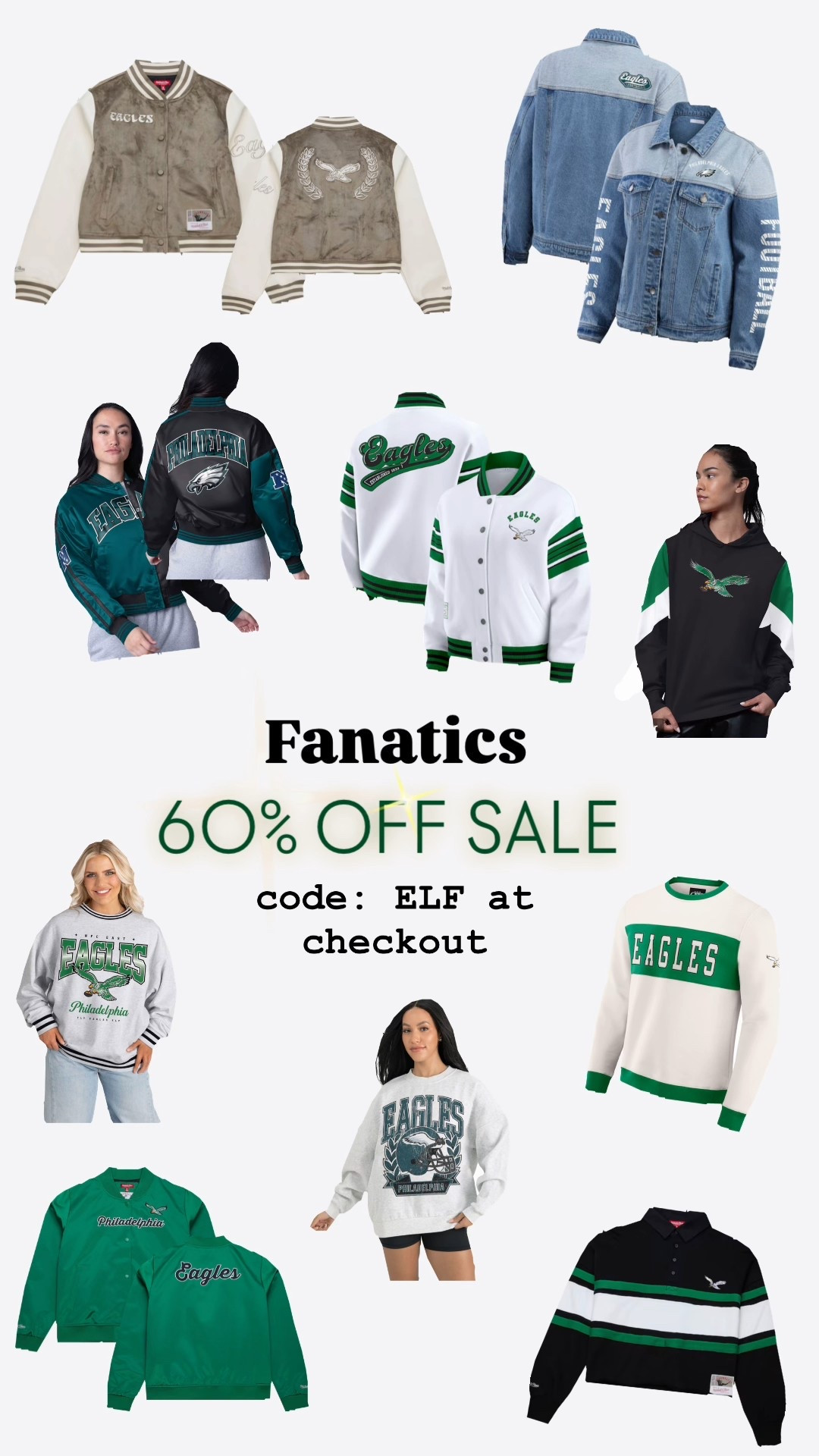 Instantly adds all to cart*
60% off on Fanatics site right now using code ELF at checkout. GO BIRDS, our NFC East Champions, again 😉🦅 🏈


#LTKWomens #LTKFootball #PhiladelphiaEagles #GameDay #GameDayOutfit #GoBirds #Eagles #Football #ForHer #GiftsForHer #PhiladelphiaEaglesJacket #MisnightGreen #BomberJacket #Fanatics #KellyGreen #NFL #Philly #Philadelphia #EaglesMerch #FanaticsSale #EaglesVarsityJacket #EaglesSweater #EaglesCrewneck

#LTKGiftGuide #LTKActive #LTKSaleAlert