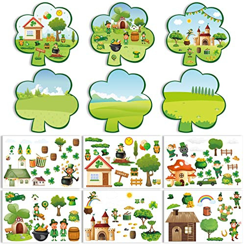 Spiareal 24 Pcs St. Patrick's Day Stickers Scene for Kids St Patricks Day Crafts for Kids Make a Sticker Scene with Shamrock Cardboard Iris Hat Shamrocks for Preschool DIY Craft | Amazon (US)
