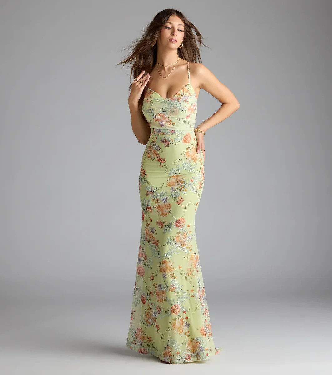 Rosalee Lace-Up Floral Mesh Formal Dress | Windsor Stores