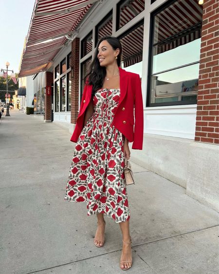 Kat Jamieson of With Love From Kat wears a floral red dress to a rehearsal dinner with a double breasted blazer that sold out from Laveer, similar linked below. Wedding guest, bridal, midi dress.

#LTKwedding #LTKSeasonal #LTKitbag