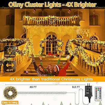 Ollny Cluster Lights Christmas 1000LED 49FT, Warm White Christmas Tree Lights 8 Modes Timer Remot... | Amazon (US)