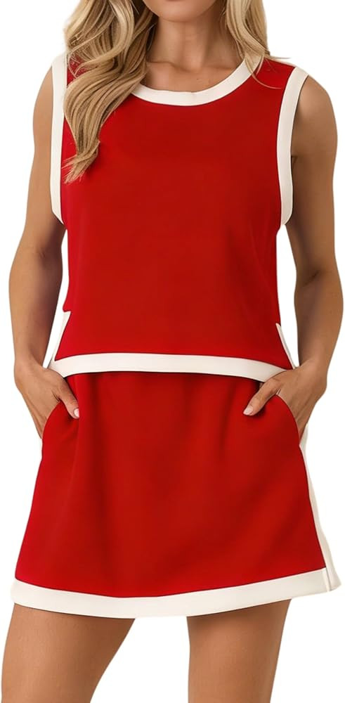 Womens Summer Skort Set Color Blocked Sleeveless Tank Top Mini Skirt 2 Piece Outfits Casual Match... | Amazon (US)