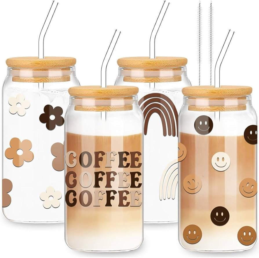 Whaline Drinking Glasses with Bamboo Lids and Glass Straw 4pcs Set - 16oz Can Shaped Glass Cup, I... | Amazon (US)