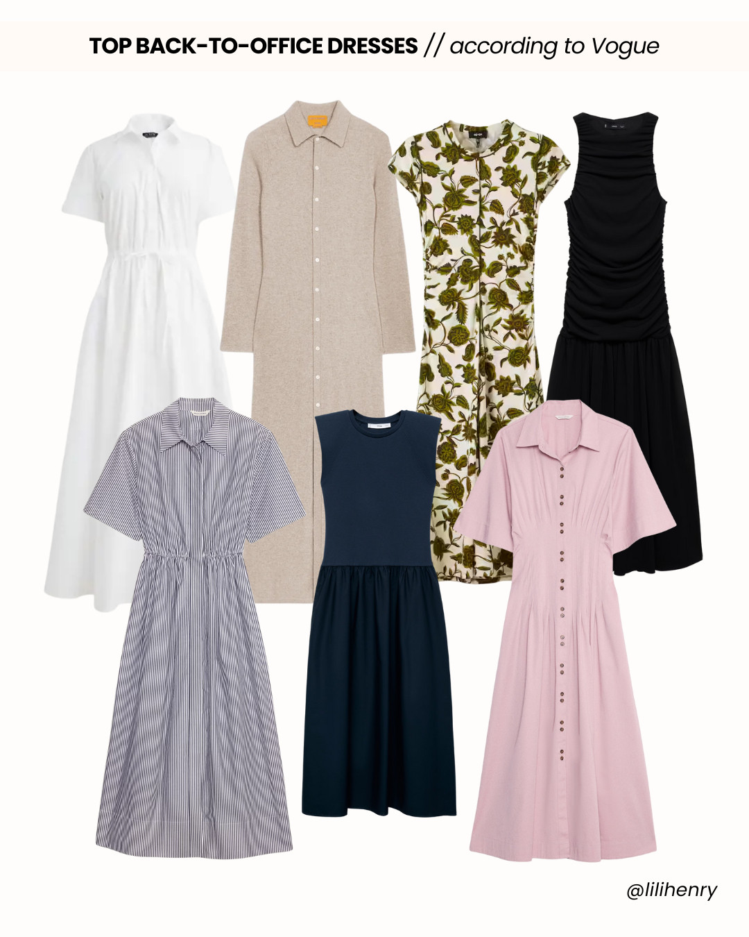 Back to the office doesn’t have to mean back to boring.

Think less “corporate uniform,” more “street style meets boardroom.” This season’s workwear dresses are doing it all- comfort, polish, and a hint of personality- so you can get dressed in 5 minutes and still look like you planned it all week.

Here's a Vogue-approved list of the best work dresses:

🤍 Sleek Shirtdresses – Functional meets fashion-forward. From crisp poplin A-lines to bold printed wraps, they’re an easy yes for any 9-to-5...

White Cerise Shirtdress in Cotton Poplin
J.CREW
$178

Cotton Poplin Open-Back Shirt Dress
Banana Republic
$160

🤍 Knit Staples – Sleeveless knits you can layer now, short-sleeved polos for that prepster polish, and sleek cashmere that goes from desk to dinner without blinking...

Showtime Cashmere Midi Dress
Guest in Residence
$595

🤍 The Modern Draped – Artful knots, gathered twists, and fluid fabrics that make “after-work drinks?” a definite yes...

Black Gathered Midi-Dress
MANGO
$140

🤍 A Touch of Boho – Billowy sleeves, sweeping florals, and broderie anglaise details that still read boardroom-ready. Pair with a tote now, boots later...

Midnight Hibiscus Print Midi Dress
ME+EM
$345

🤍 Midis With Structure – Sculpted waists and fuller skirts for comfort + confidence. Easy to layer as temps drop...

Navy Combined Fabric Midi Dress
MANGO
$70

Pink Pintuck Long-Midi Shirt Dress
Banana Republic
$180

Lots of poplins, lots of midi lengths.... Comment DRESSES to get the direct links to these top dresses for the office.

Bises!

Lili
Personal Stylist
SF→NYC
 

 #LTKSeasonal #LTKStyleTip #LTKWorkwear