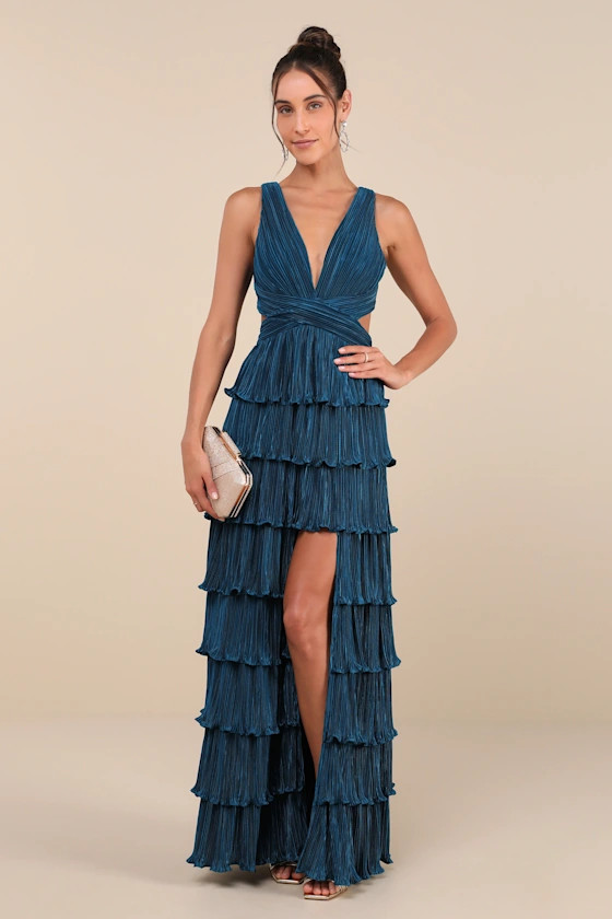 Beauty Icon Dark Teal Satin Pleated Tiered Lace-Up Maxi Dress | Lulus