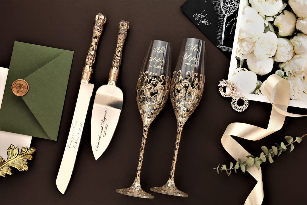 wedding decoration gold Wedding gift Champagne flutes and Cake Server Set Wedding personalized gl... | Etsy (US)