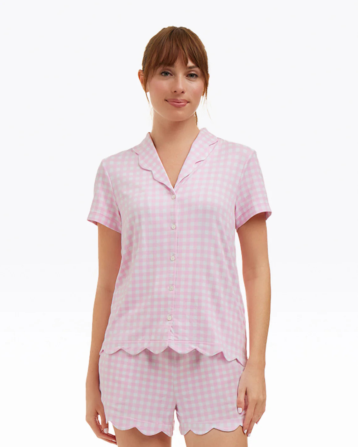 Scallop Sara Pajama Set in Pink Gingham | Draper James (US)