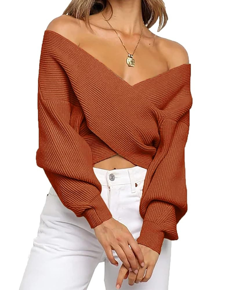 Women Casual V Neck Long Sleeve Sweaters Cross Wrap Off Shoulder Asymmetric Hem Knitted Crop Swea... | Amazon (US)