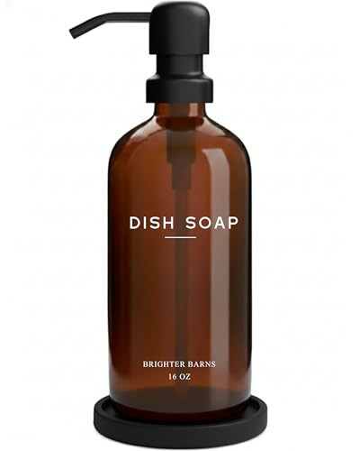 Amber Glass Dish Soap Dispenser for Kitchen Sink by Brighter Barns - Kitchen Soap Dispenser Set with Pump & Tray - Refillable Glass Bottle for Liquid - Modern Home Decor for Airbnb, Restaurant (Amber) | Amazon (US)