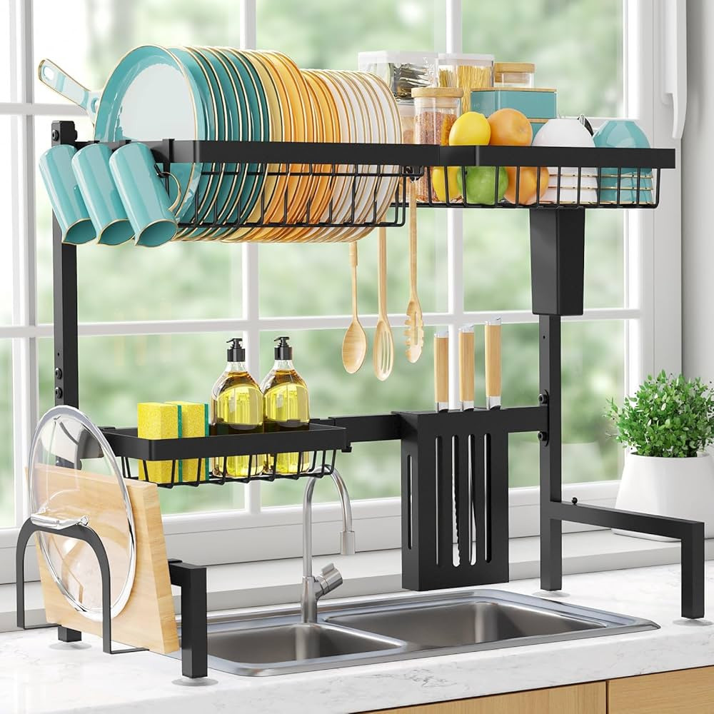 Over The Sink Dish Drying Rack - Adjustable 2 Tier Large Capacity Stainless Steel Drainer with Cu... | Amazon (US)
